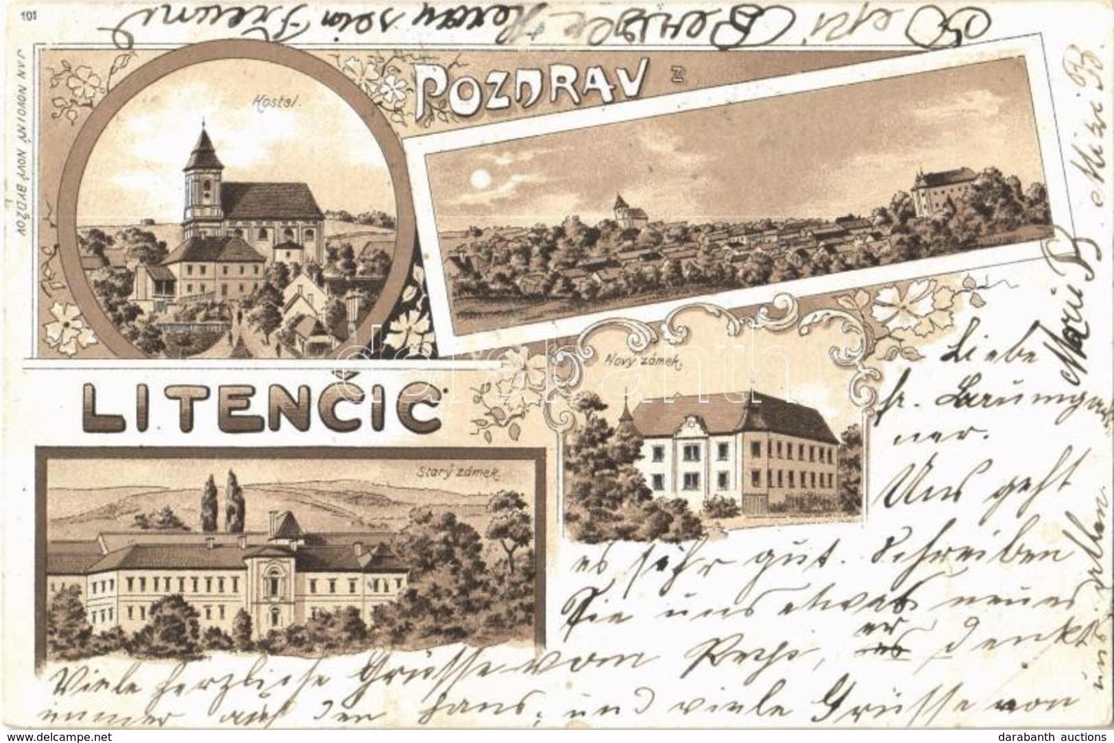 T2/T3 Litencice, Kostel, Stary Zamek, Novy Zámek / Church, Old And New Castles. Jan Novotny Art Nouvea, Floral, Litho  ( - Zonder Classificatie