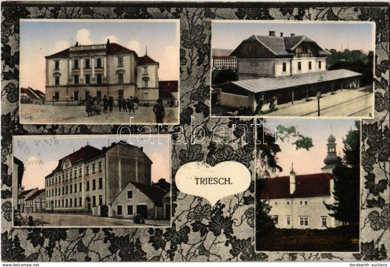 T2 1915 Trest, Triesch; Nadrazí, Radnice, Skola / Railway Station, Town Hall, Church, School. Art Nouveau - Non Classés