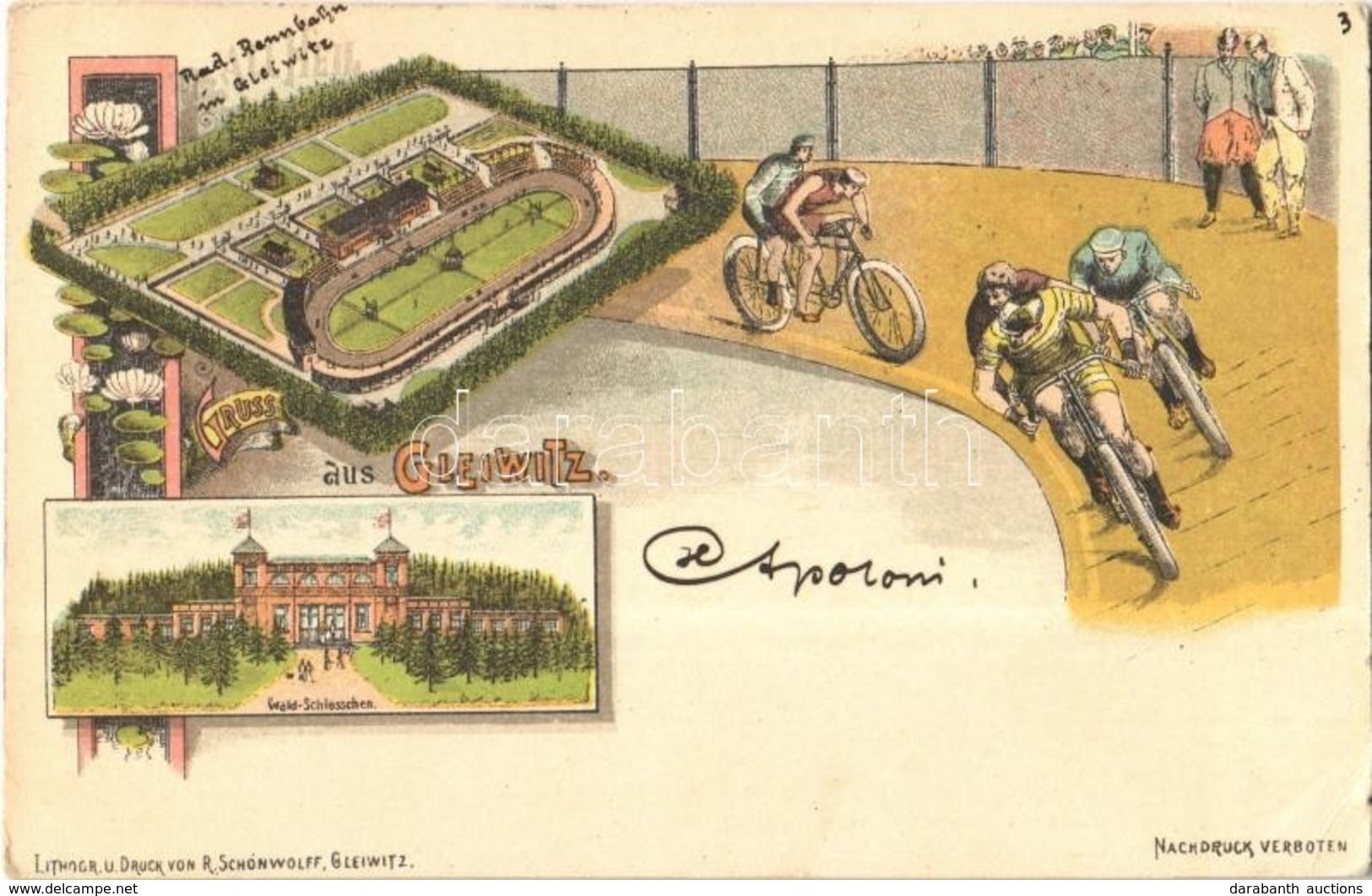 T2/T3 1898 Gliwice, Gleiwitz; Wald Schlosschen, Rad Rennbahn / Castle, Bicycle Racetrack With Cyclists. R. Schonwolf Art - Non Classés