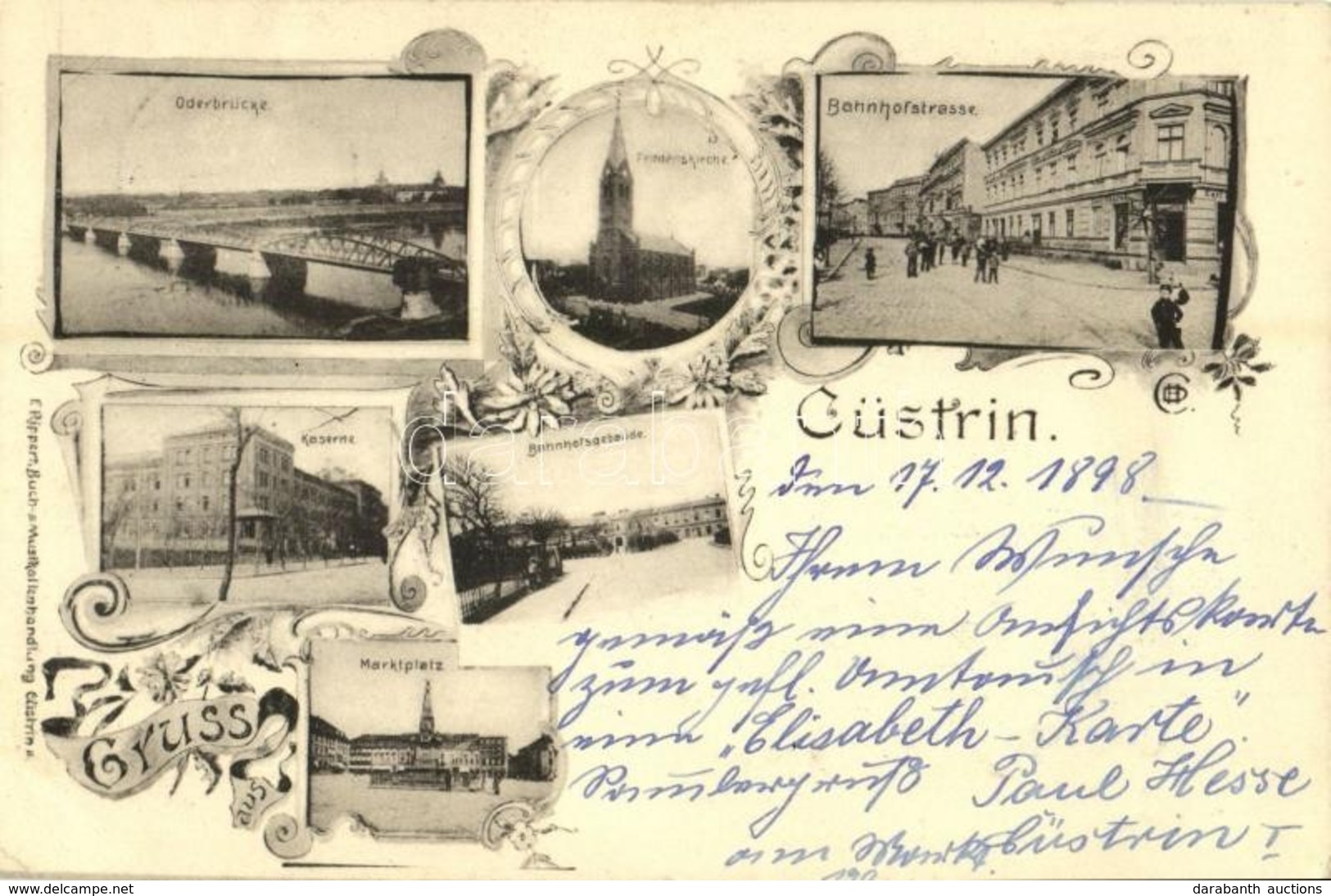 T2/T3 1898 Kostrzyn, Cüstrin; Oderbrücke, Kaserne, Marktplatz, Friedenskirche, Bahnhofstrasse, Bahnhofsgebäude / Odra Br - Non Classés