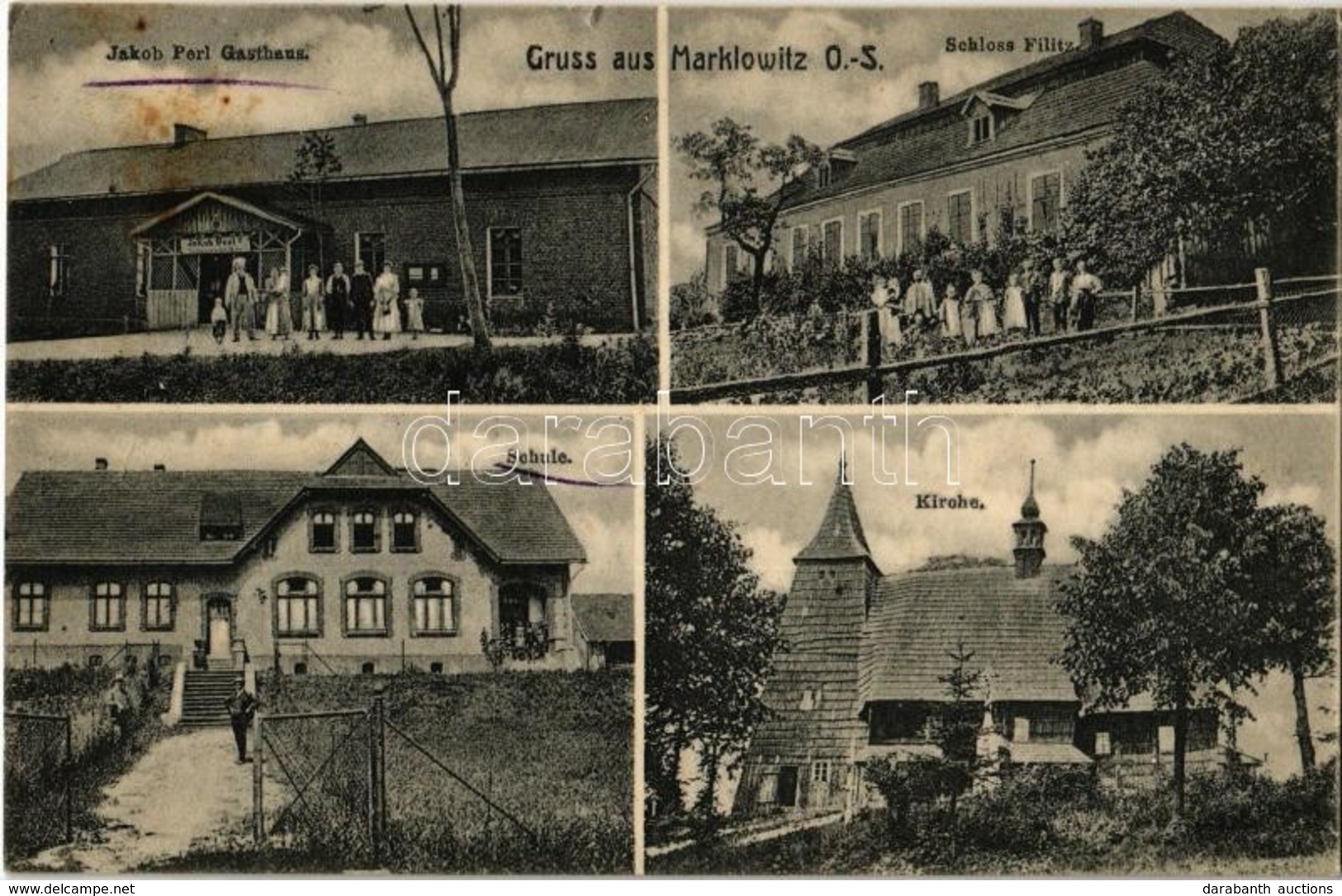 T2 1914 Marklowice, Marklowitz; Schule, Kirche, Schloss Filitz, Jakob Perl Gasthaus / School, Church, Castle, Restaurant - Non Classés