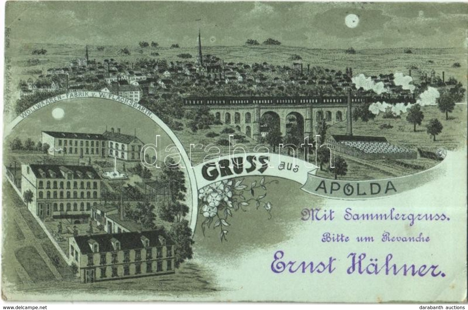 T2 1898 Apolda, Wollwaaren-Fabrik V. W. Flachsbarth / Viaduct With Locomotive, Wool Factory, Night. Fr. Gebhardt Art Nou - Ohne Zuordnung