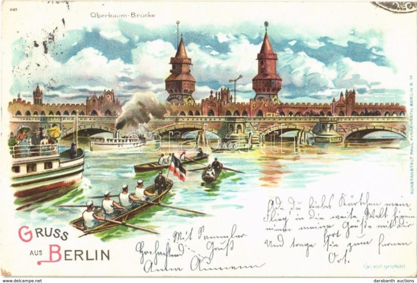 T2 1899 Berlin, Oberbaum Brücke / Bridge, Rowing Team. Kunstanstalt Paul Finkenrath Litho - Zonder Classificatie