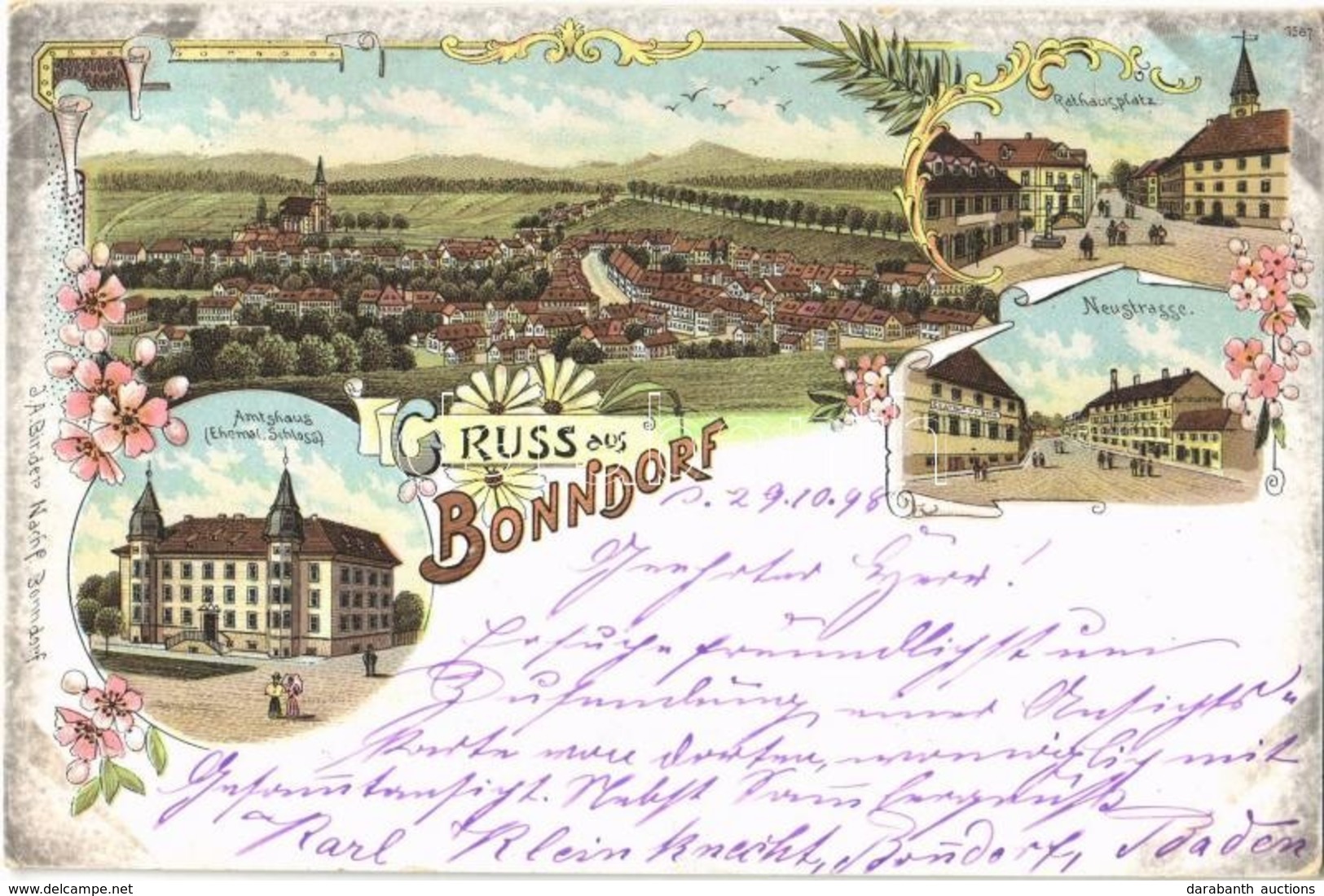 T2 1898 Bonndorf, Rathausplatz, Neustrasse, Amtshaus (Ehemal Schloss) / Town Hall, Street, Square, Castle. J.A. Binder A - Non Classés