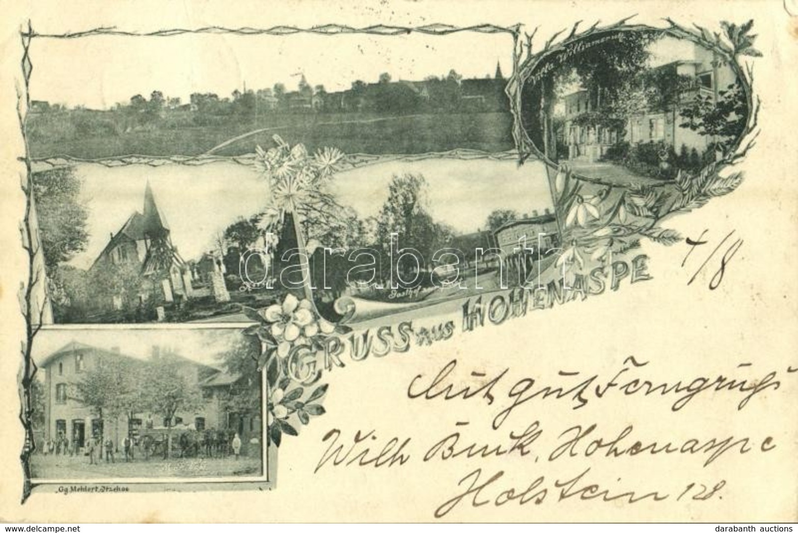 T2/T3 1898 Hohenaspe, Gasthof Zur Post, Kirche, Villa Williamsruh, M.F. Voss / Restaurant, Church, Villa, Mill. Art Nouv - Non Classés