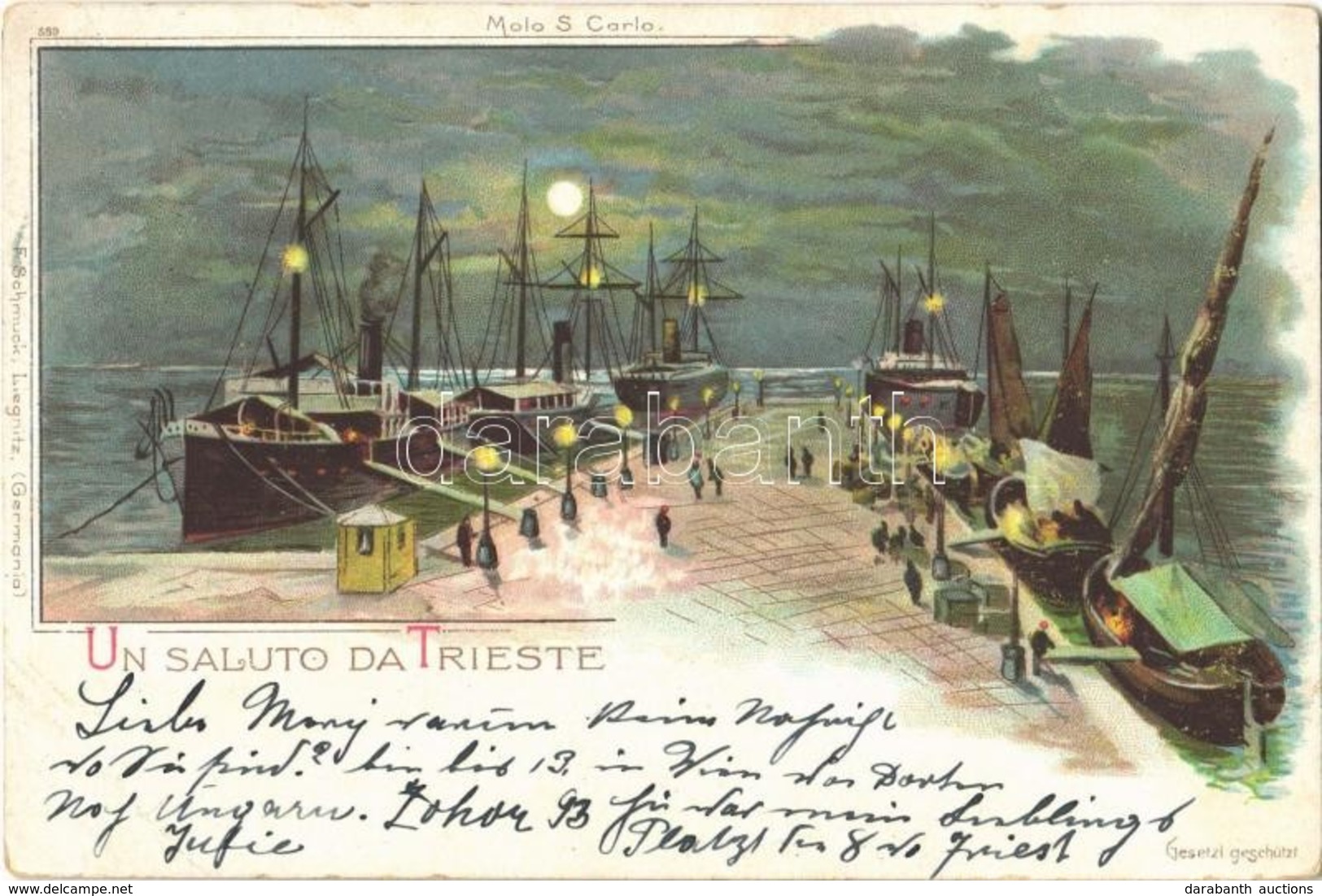 T2 1899 Trieste, Trieszt; Molo S. Carlo / Port At Night. F. Schmuck Art Nouveau Litho - Non Classés