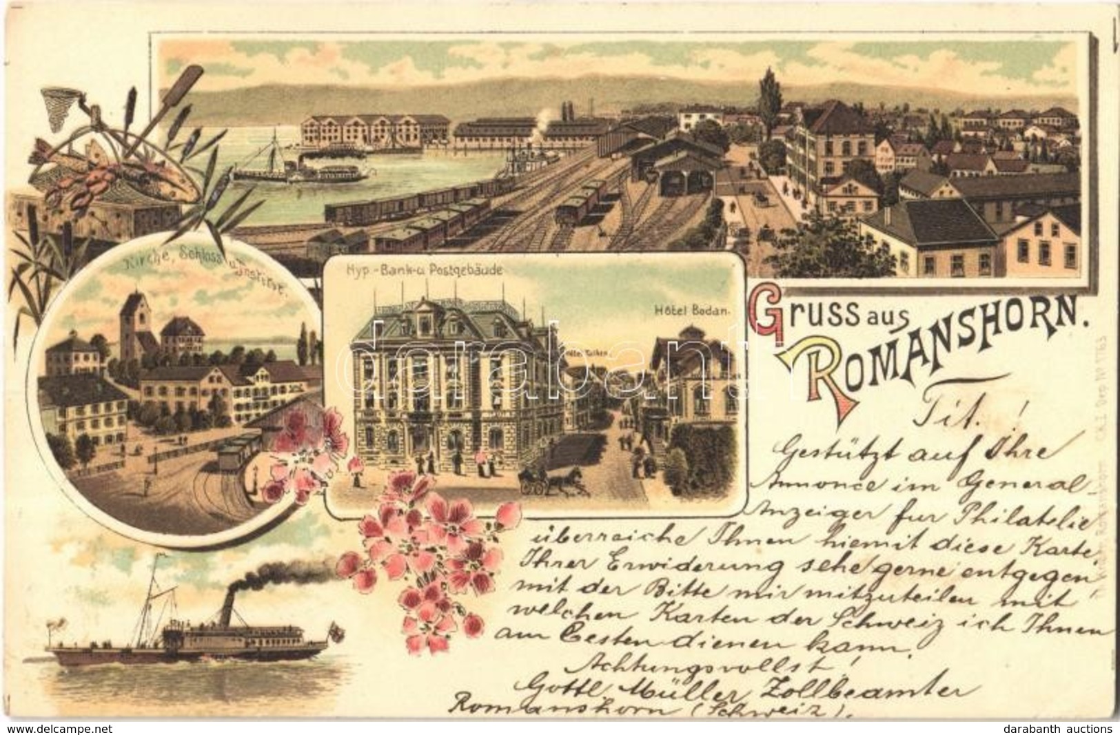 T2 1898 Romanshorn, Kirche, Schloss, Institut, Hyp.-Bank Und Postgebäude, Hotel Falken Und Bodan / Church, Castle, Hotel - Ohne Zuordnung