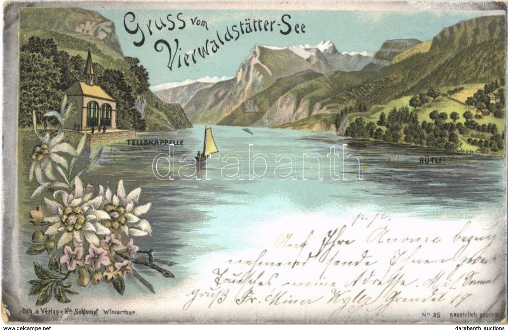 T2 1898 Vierwaldstättersee, Lake Lucerne; Rütli, Tellskapelle. Schlumpf Floral, Litho - Non Classés