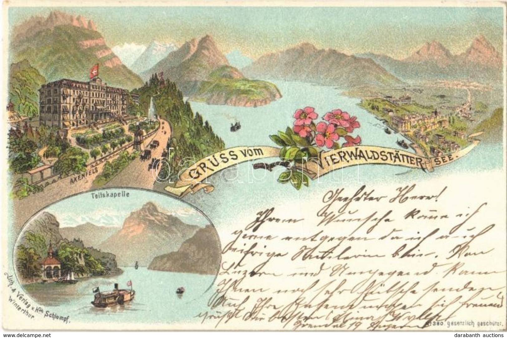 T2/T3 1898 Vierwaldstättersee, Lake Lucerne; Axenfels, Tellskapelle. Schlumpf Floral, Litho (EK) - Non Classés