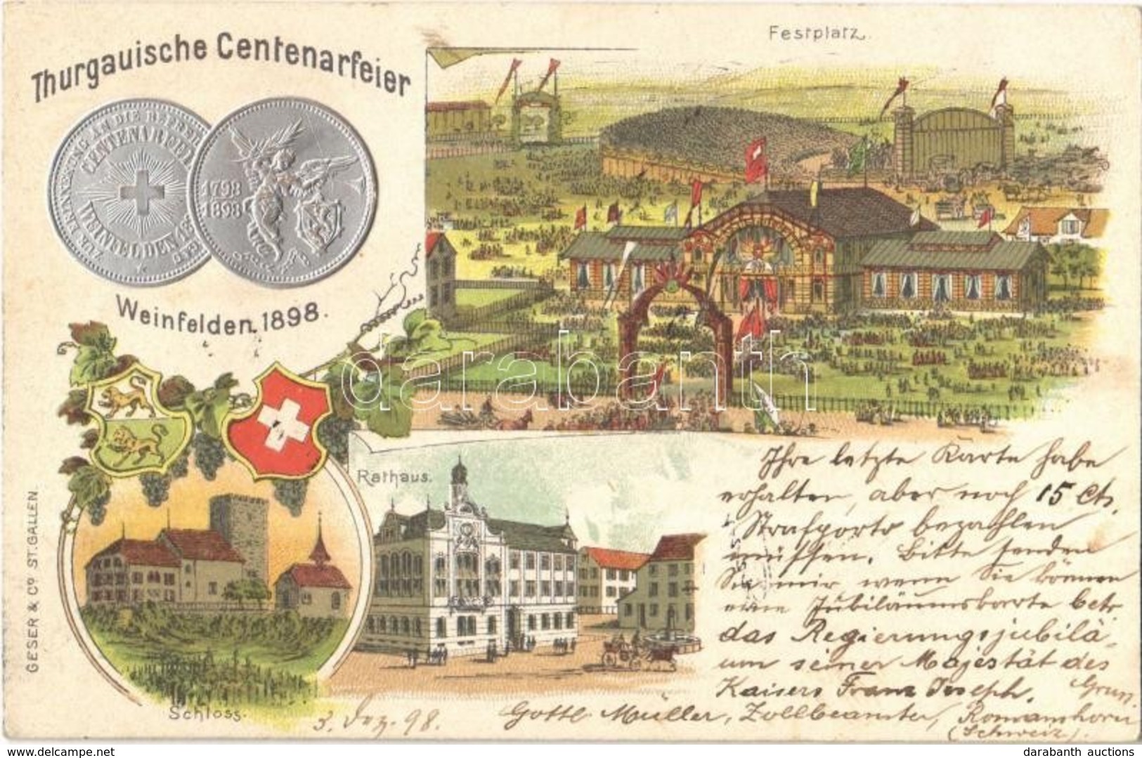 T2/T3 1898 Weinfelden, Thurgauische Centenarfeier, Festplatz, Rathaus, Schloss / Thurgau Centenary Celebration, Festival - Ohne Zuordnung