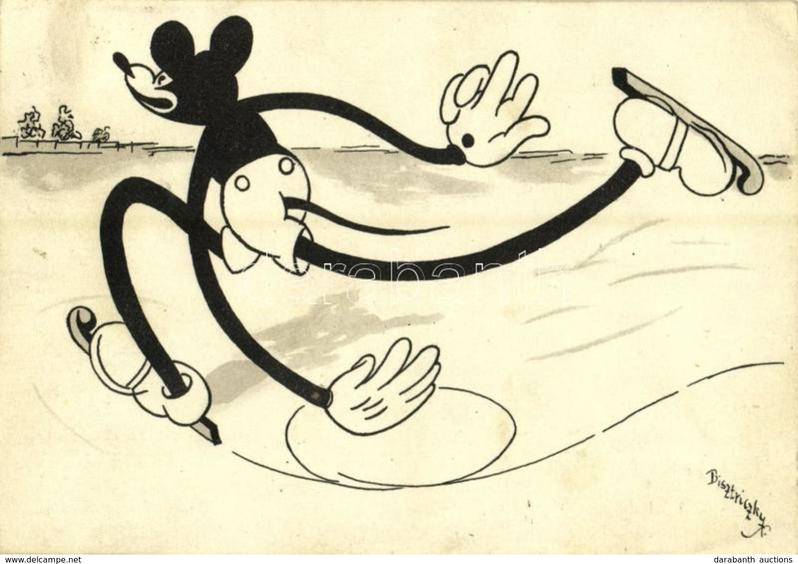 T2/T3 1932 Mickey Mouse Ice Skating. Klösz Early Disney Art Postcard S: Bisztriczky + 'Magyar Cserkészek Sportáruháza Bu - Ohne Zuordnung