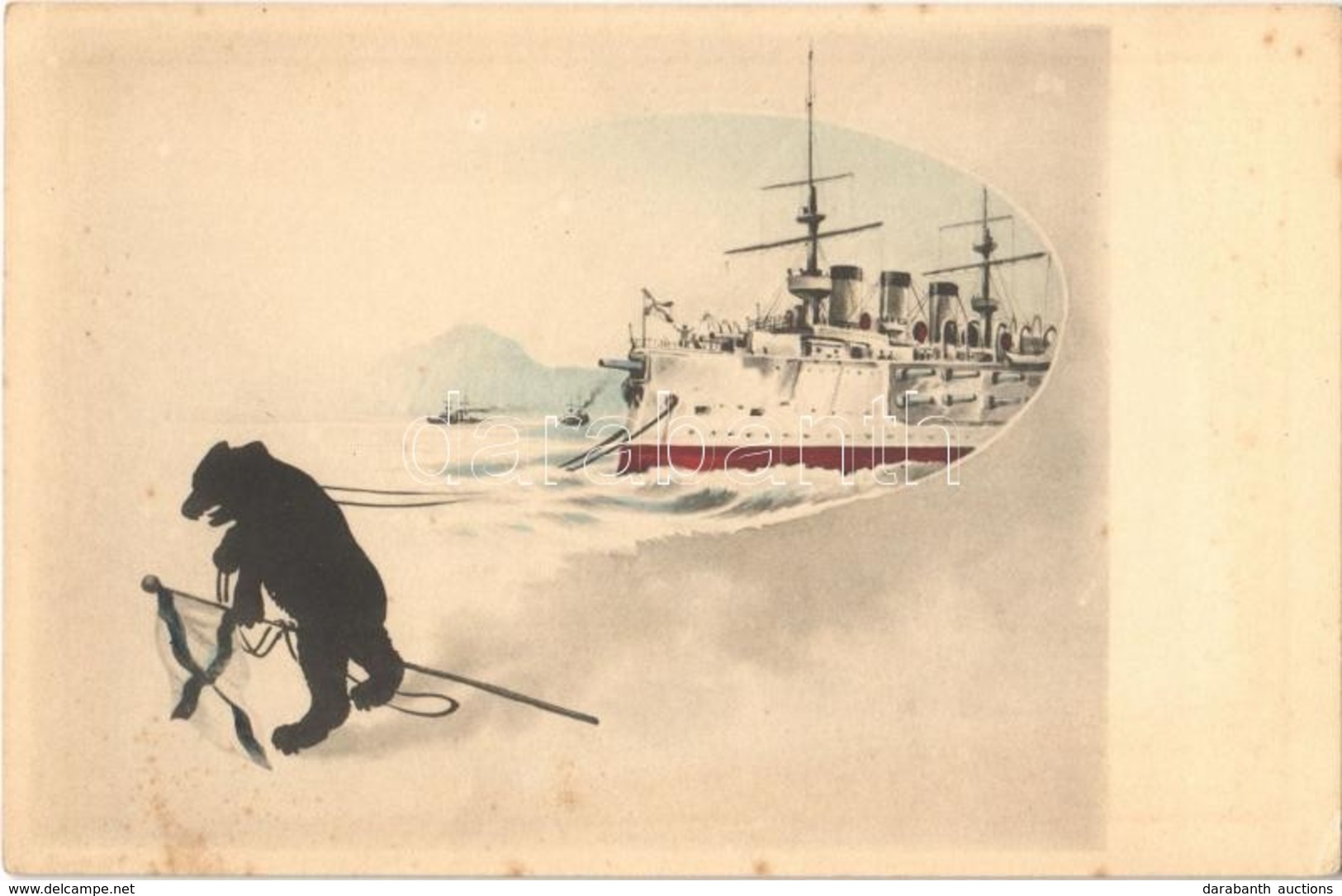 ** T1/T2 Russo-Japanese War Naval Battle. Silhouette Art Postcard With Bear And Battleship - Non Classés