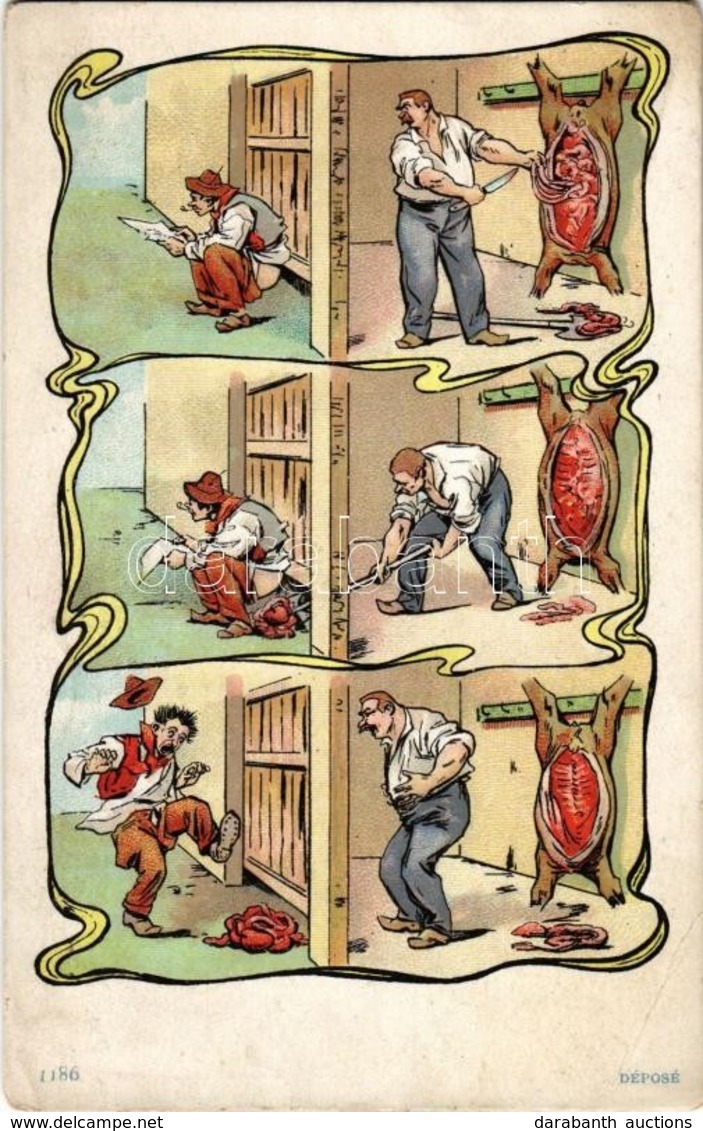 ** T2/T3 Bizarre Humour. Butcher Placing Pig Intestines Under A Squatting Man. Art Nouveau, Litho  (EK) - Ohne Zuordnung