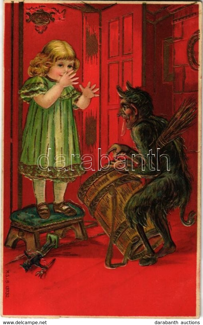 T2 1907 Krampus With Little Girl. Golden Decoration Emb. Litho - Non Classés