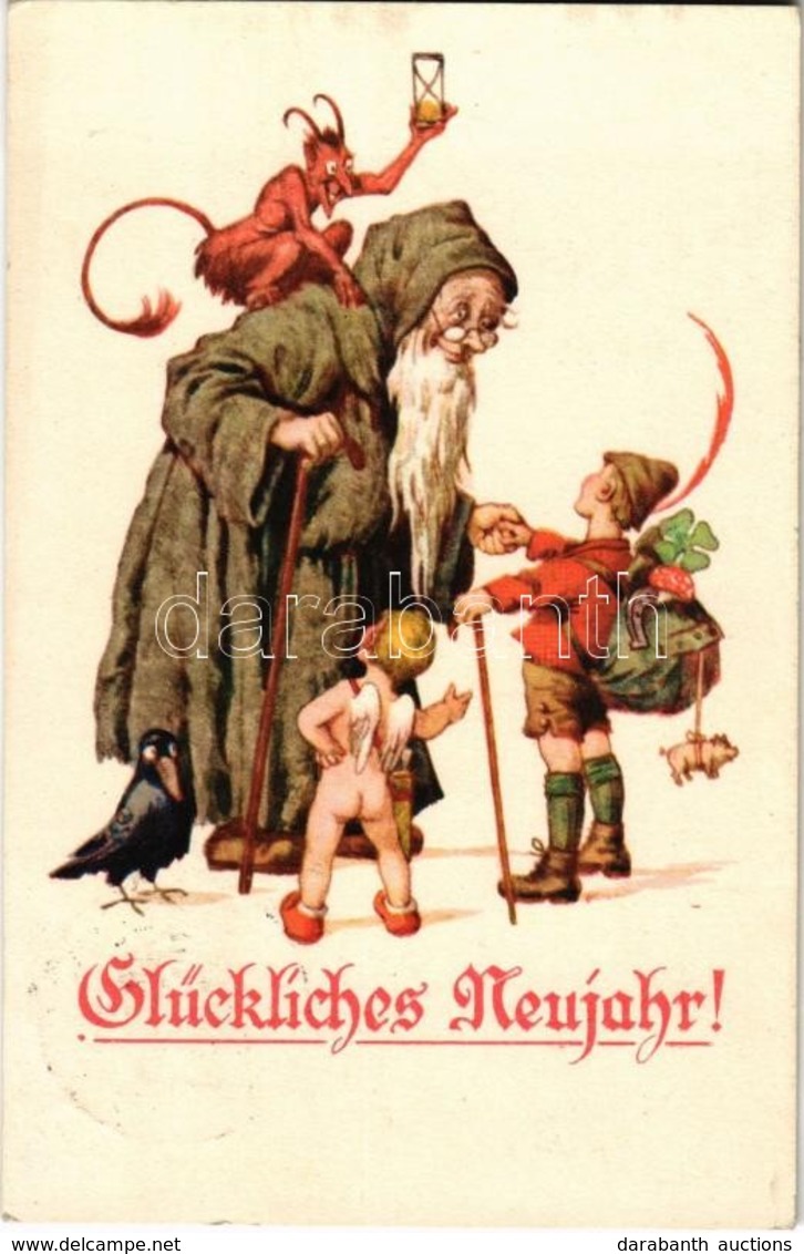 T2 Glückliches Neujahr! / New Year Greeting Art Postcard With Krampus. 'Mia'- Künstlerkarten-Verlag, Teplitz-Schönau Kar - Ohne Zuordnung
