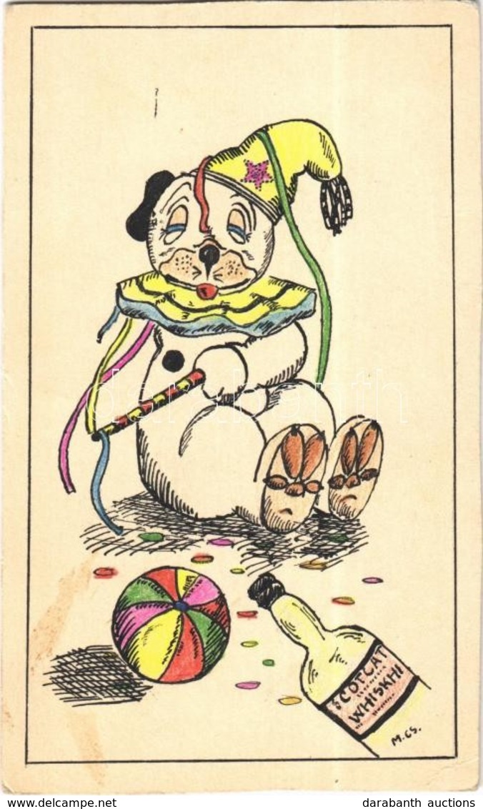 ** T2/T3 Kézzel Rajzolt Bozo Kutya Bohóc Jelmezben / Bozo Dog In Clown Costume With Scotcat Whiskhi. Hand-drawn Art Post - Zonder Classificatie