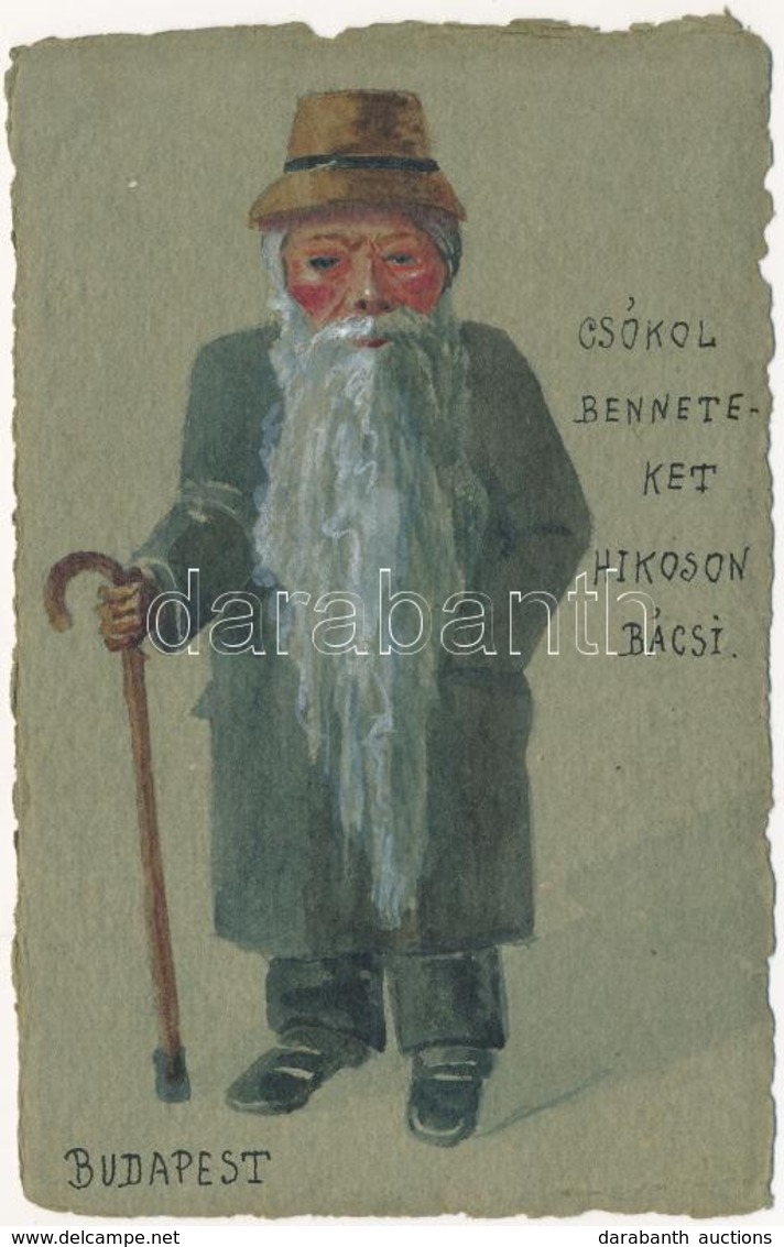 T2/T3 1913 Budapest, Csókol Benneteket Hikoson Bácsi. Kézzel Festett Művészlap / Hungarian Hand-painted Art Postcard - Ohne Zuordnung