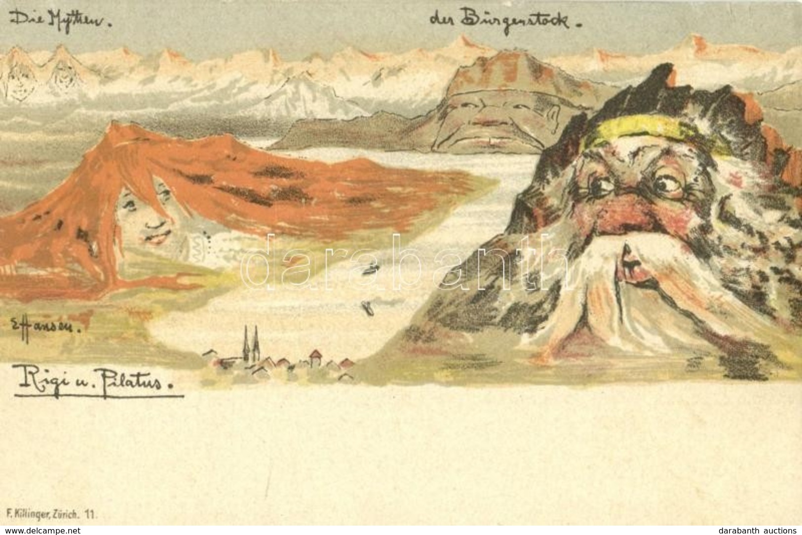 ** T1 Rigi Und Pilatus, Der Bürgerstock. F. Killinger / Mountain With A Human Face, Litho - Non Classés