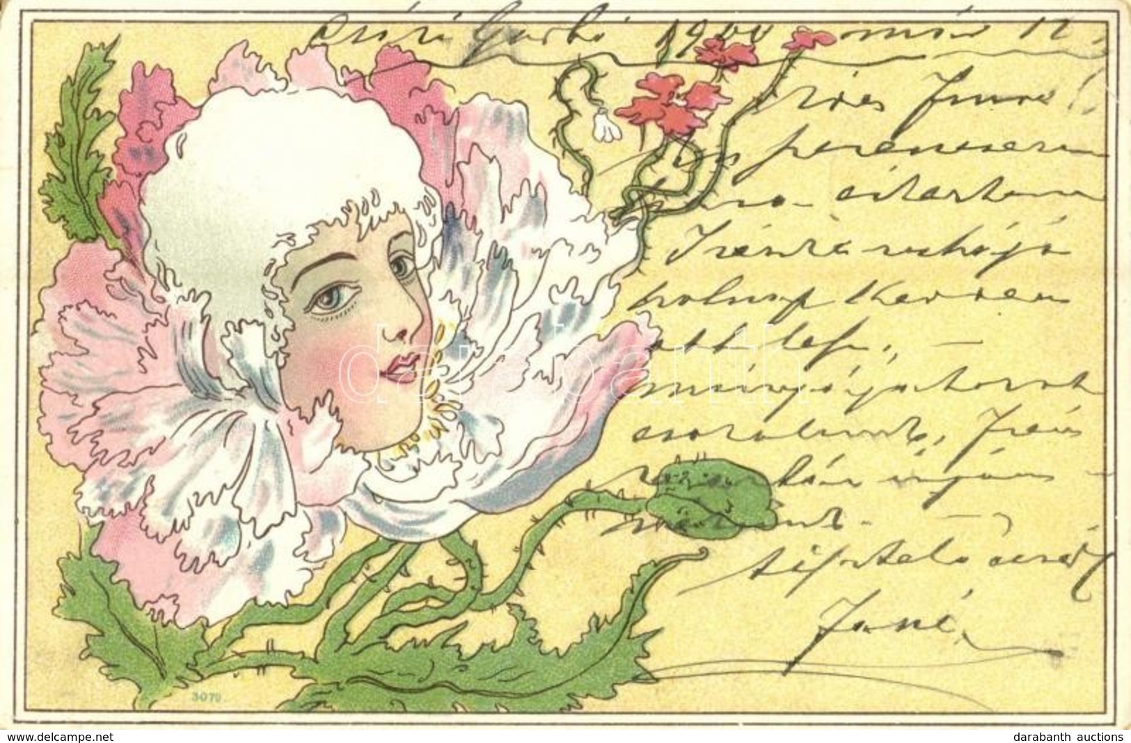 T2/T3 1900 Lady Head In Flower. Art Nouveau, Litho (EK) - Ohne Zuordnung