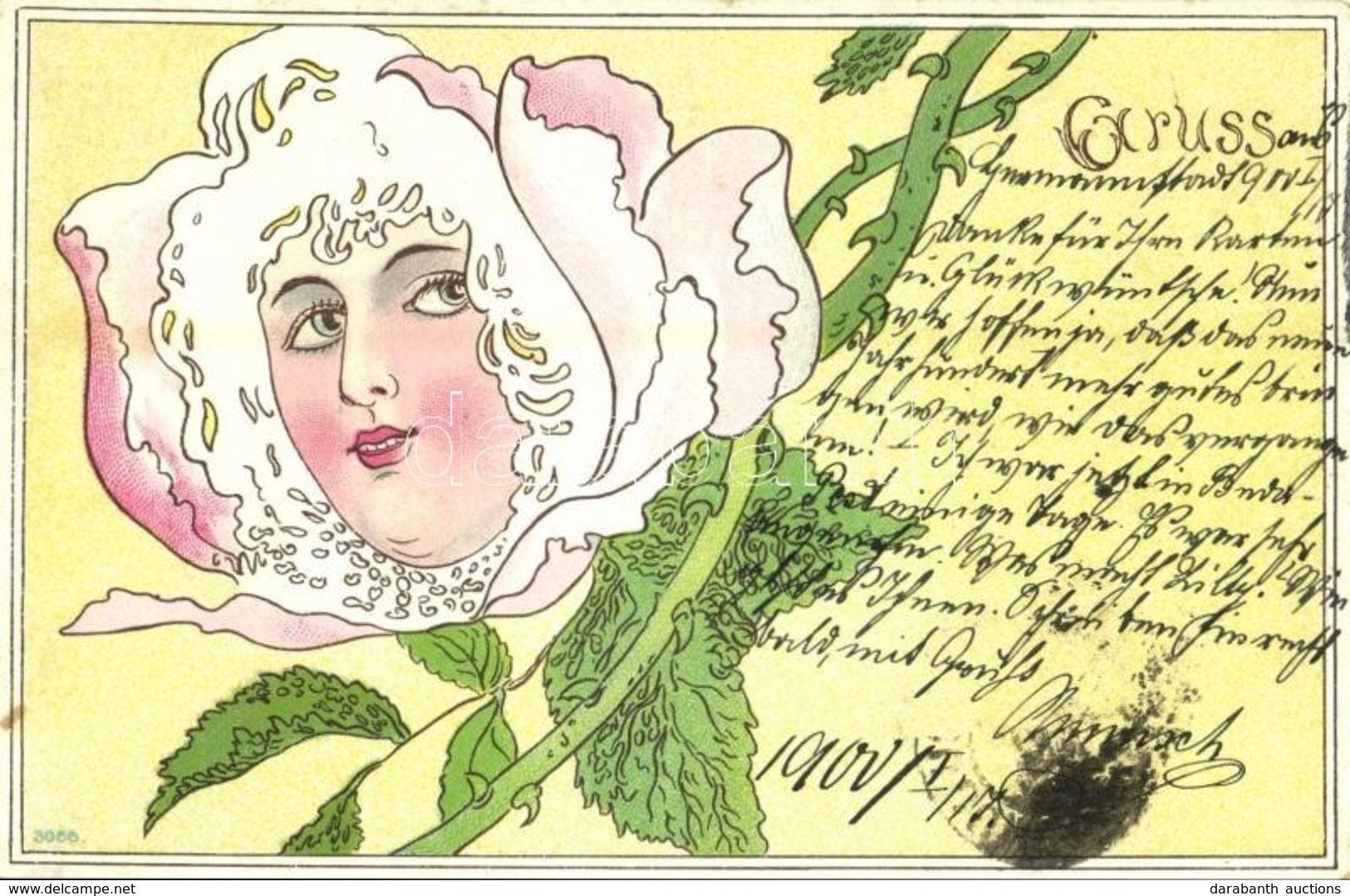 T2/T3 1900 Lady Head In Flower. Art Nouveau, Litho (small Tear) - Non Classés