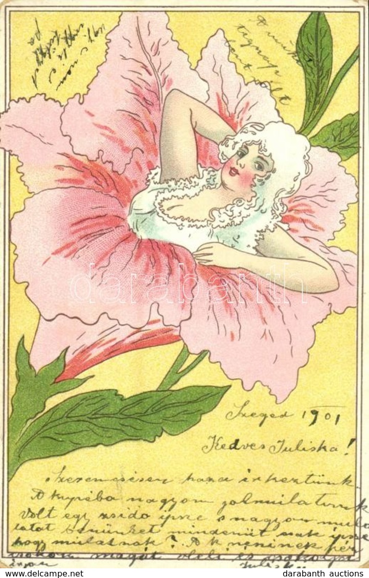 * T2/T3 1901 Lady In Flower. Art Nouveau, Litho (worn Corners) - Non Classés