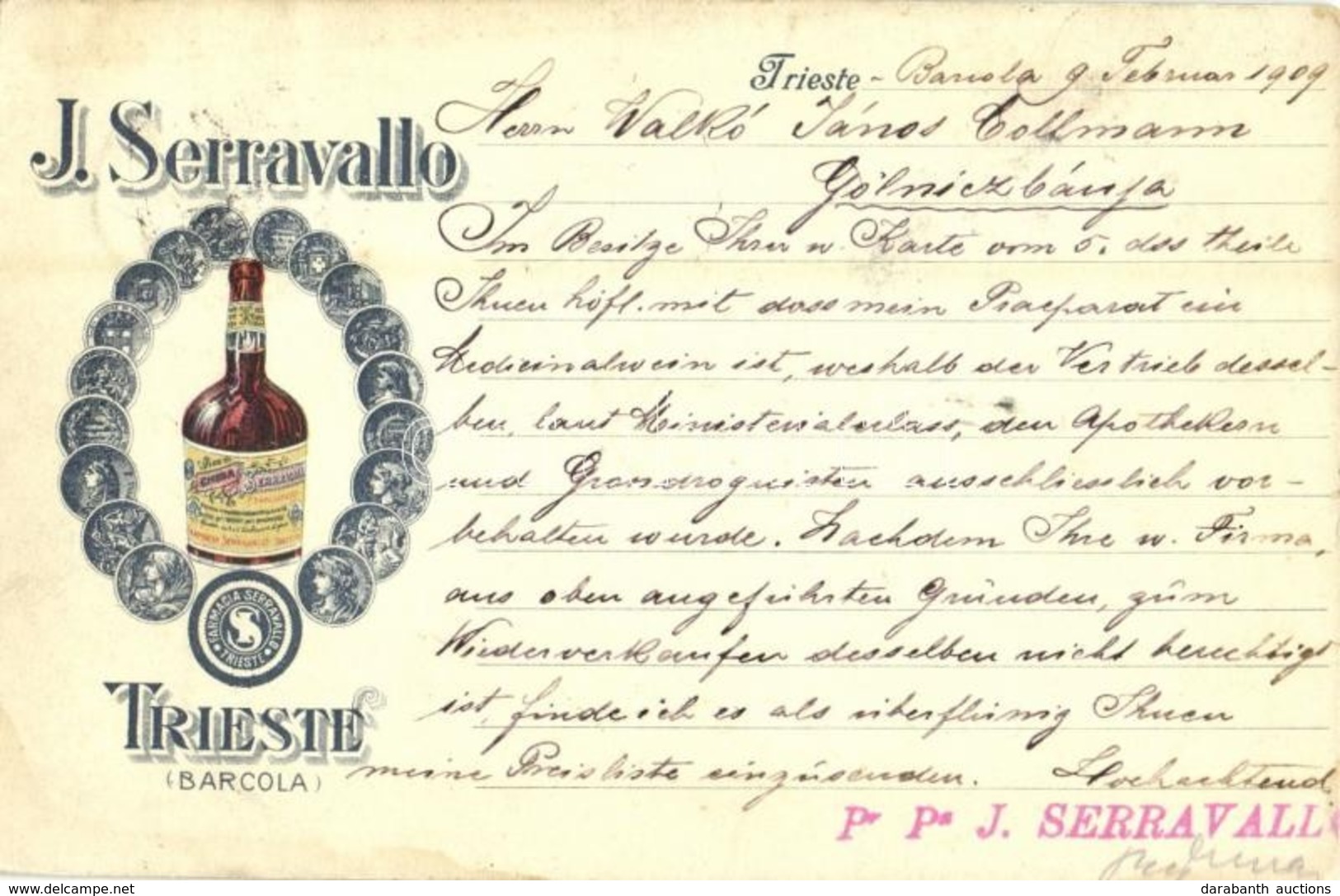 T2 1909 J. Serravallo Farmacia. Trieste Barcola / Tonic Wine Advertisement Art Postcard - Non Classés