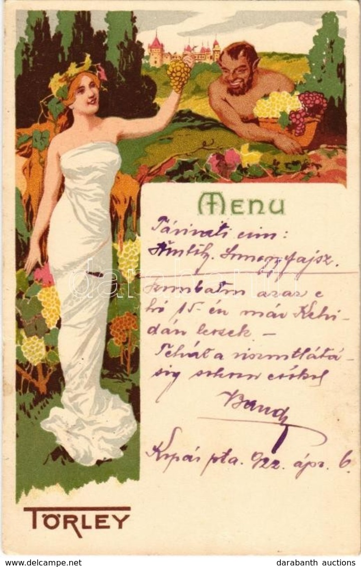 T2 1922 Törley Pezsgő, étlap. Kellner és Mohrlüder / Hungarian Champagne Advertisement With Menu, Litho Art Postcard - Sin Clasificación