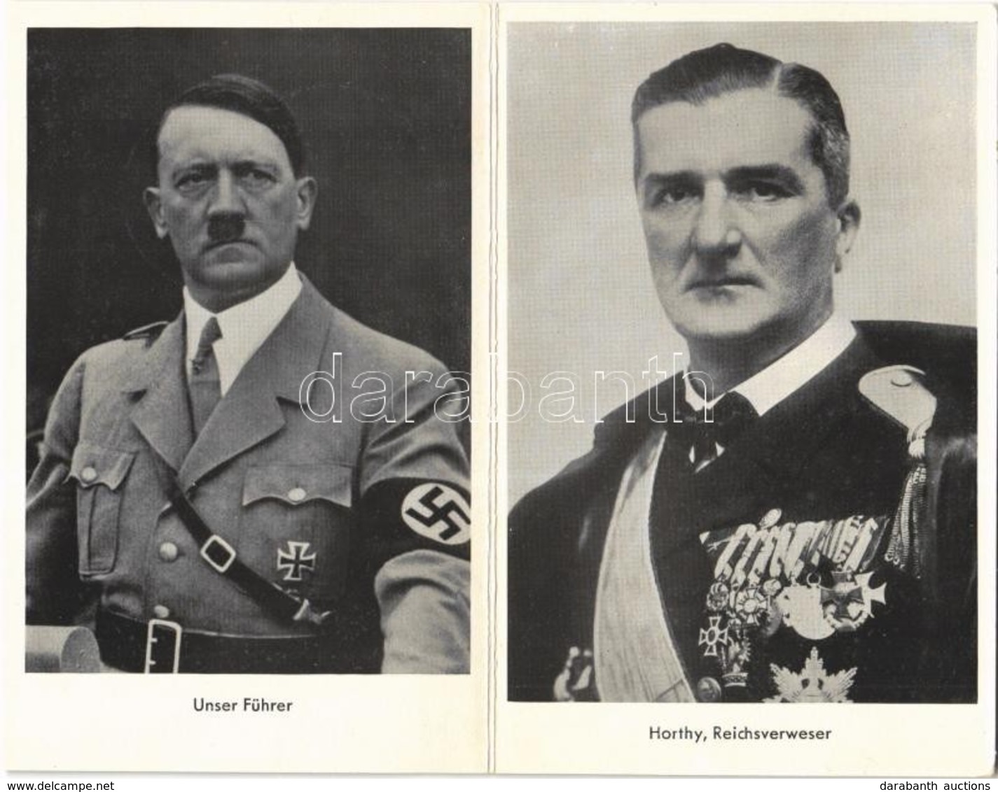 * T1/T2 Unser Führer, Horthy Reichsverweser / Adolf Hitler, Horthy Miklós. Kinyitható Képeslap / Folding Card + '1938 Be - Ohne Zuordnung