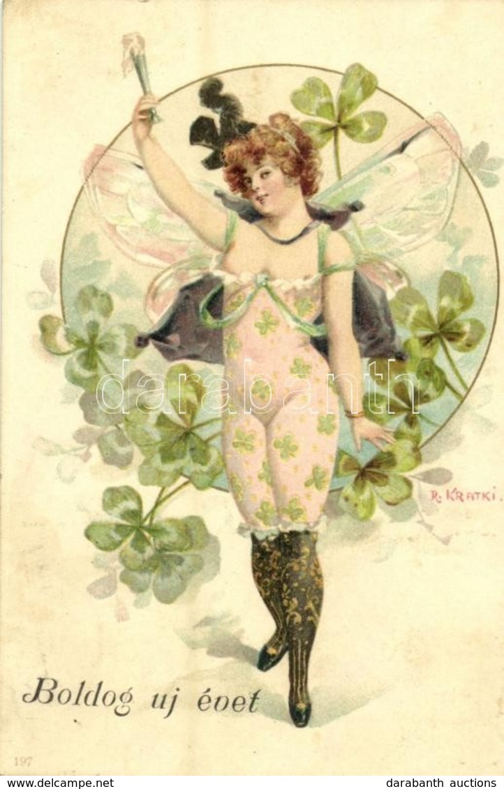 T2 Boldog Új évet! / Gently Erotic New Year Greeting Art Postcard. Art Nouveau, Floral, Litho S: R. Kratki - Zonder Classificatie