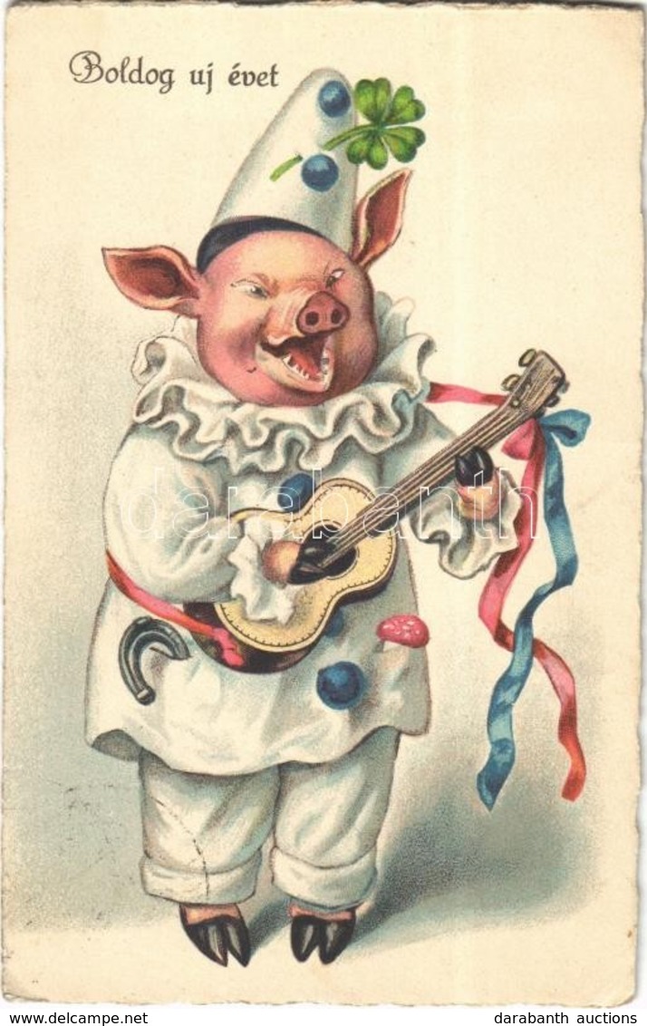 T2/T3 1927 Boldog Új évet! Gitározó Malac Bohóc Jelmezben / New Year Greeting Art Postcard With Clown Pig. WSSB 9695. Li - Ohne Zuordnung