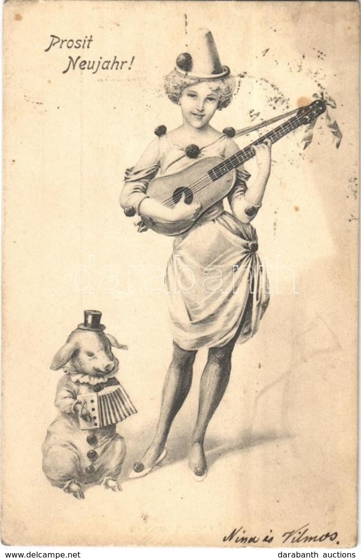 T2 1902 Prosit Neujahr! / New Year Greeting Art Postcard With Clown Lady And Pig. B.K.W.I. No. 2531/1. - Sin Clasificación