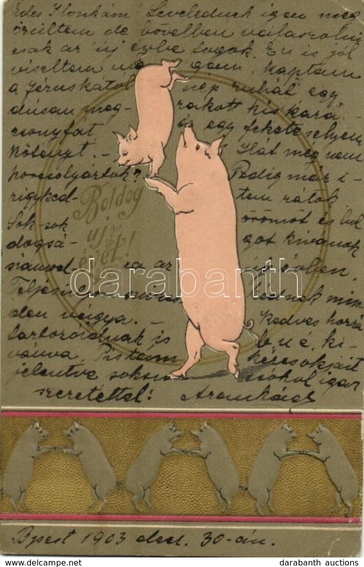 T2/T3 1903 Boldog új évet! Szecessziós Dombornyomott Művészlap Malacokkal / New Year Greeting, Embossed Art Nouveau Pigs - Non Classés