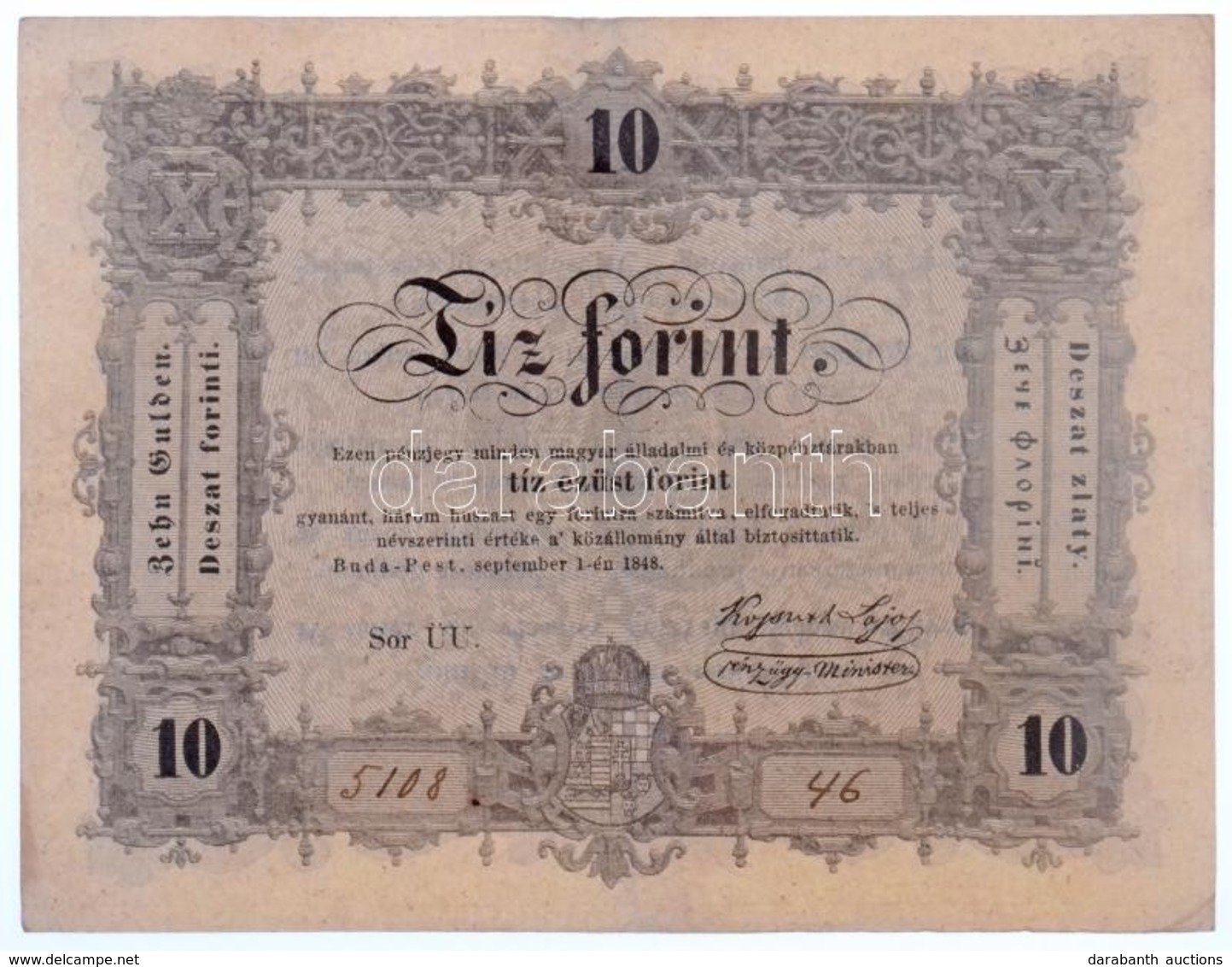 1848. 10Ft 'Kossuth Bankó' T:II- / Hungary 1848. 10 Forint 'Kossuth Bankó C:VF
Adamo G111 - Non Classés