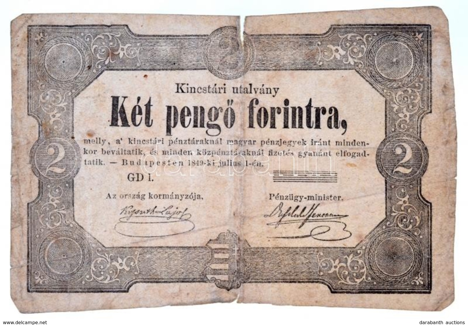 1849. 2Ft 'Kossuth Bankó' Sorszám és Hátlap Nélkül. Nem Katalogizált Sajtóhiba! T:III-,IV / Hungary 1849. 2 Forint 'Koss - Sin Clasificación