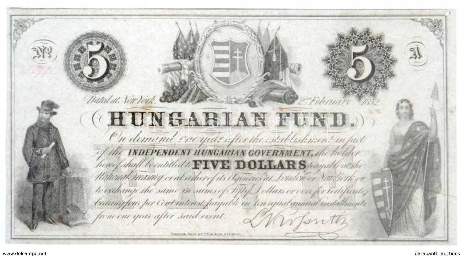 1852. 5$ 'A' 'Kossuth Bankó' Piros Kézi Sorszámozással, Nyomdai Papírránccal T:I,I- Tűnyom A Jobb Felső Sarokban  / Hung - Non Classés