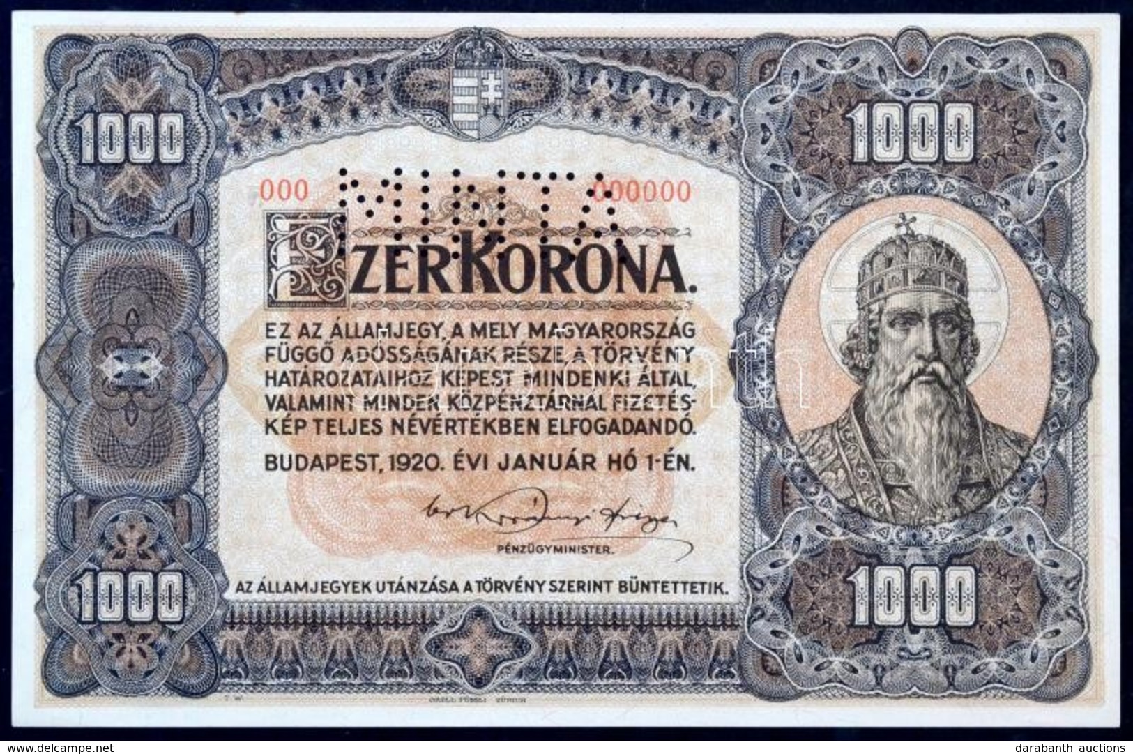 1920. 1000K 'Orell Füssli Zürich', 'MINTA' Perforációval, Piros '000' Számozással T:II- / Hungary 1920. 1000 Korona 'Ore - Non Classés