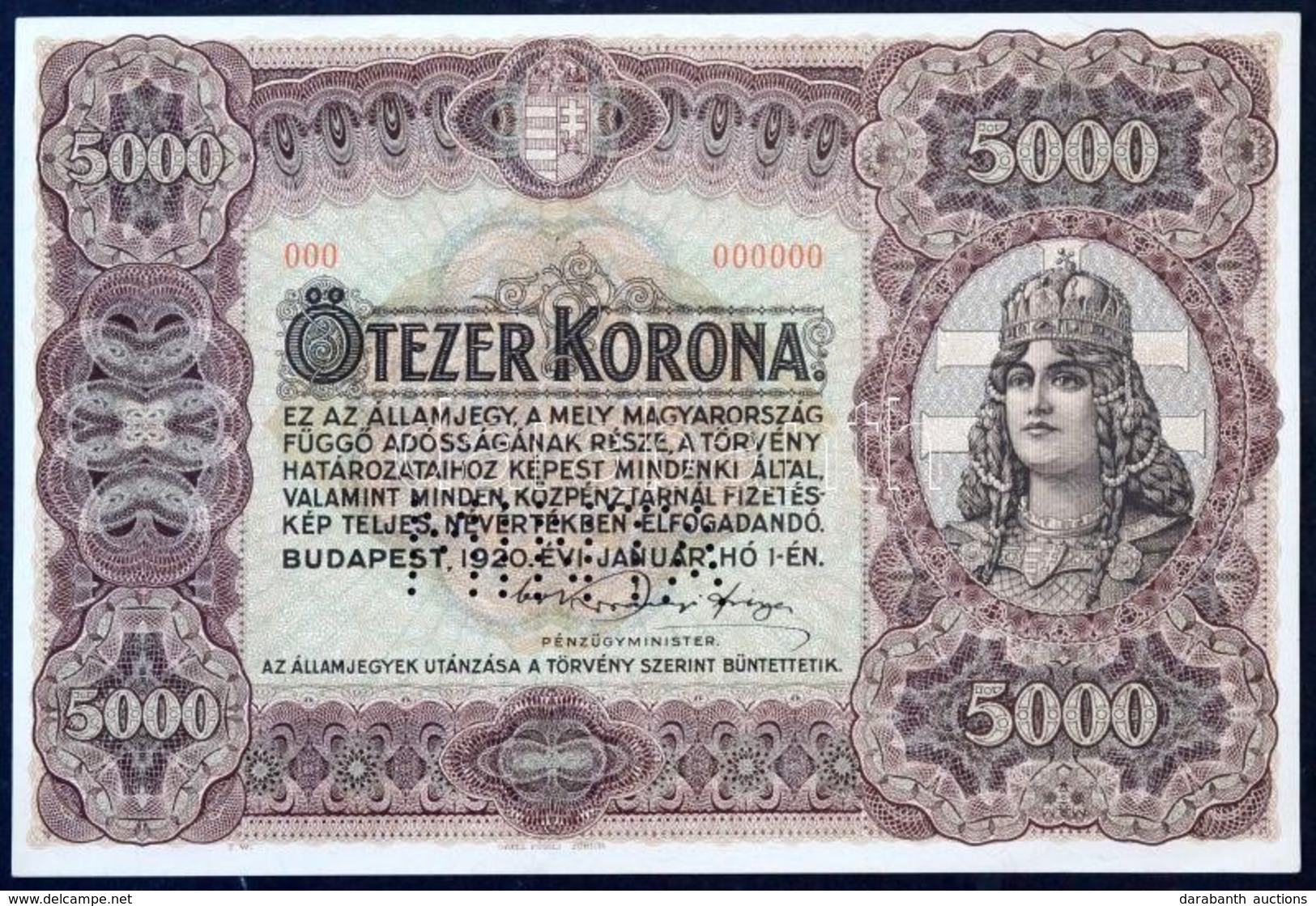 1920. 5000K 'MINTA' Perforációval és Piros '000 000000' Számozással T:I- / Hungary 1920. 5000 Korona With 'MINTA (SPECIM - Non Classés