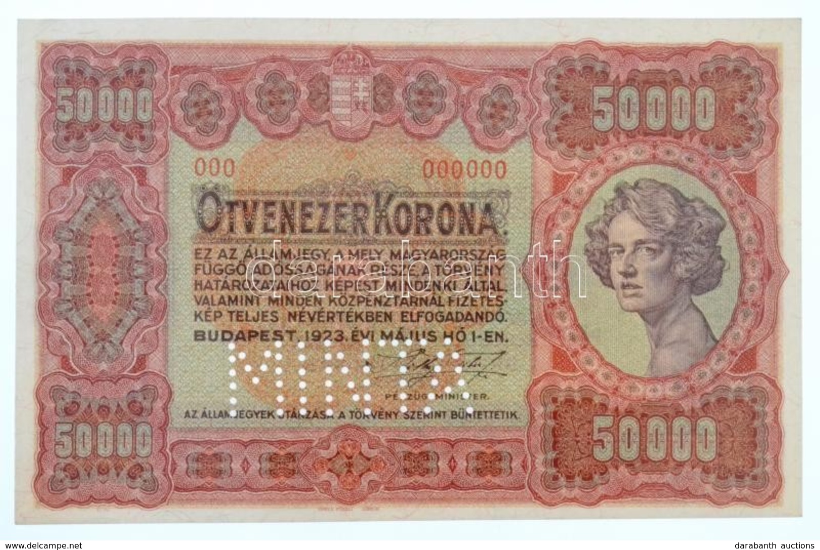 1923. 50.000K 'Orell Füssli Zürich', 'MINTA' Perforcióval, Piros '000' Számozással T:I- Sarokhajlás / Hungary 1923. 50.0 - Non Classés