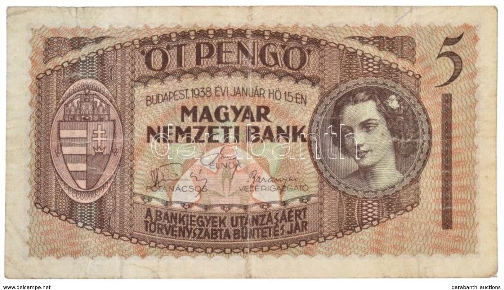 1938. 5P 'K012 023955' Három, Hajtás Menti Lyuk A Bankjegy Bal Oldalán T:III- RR! / Hungary 1938. 5 Pengő 'K012 023955'  - Non Classés