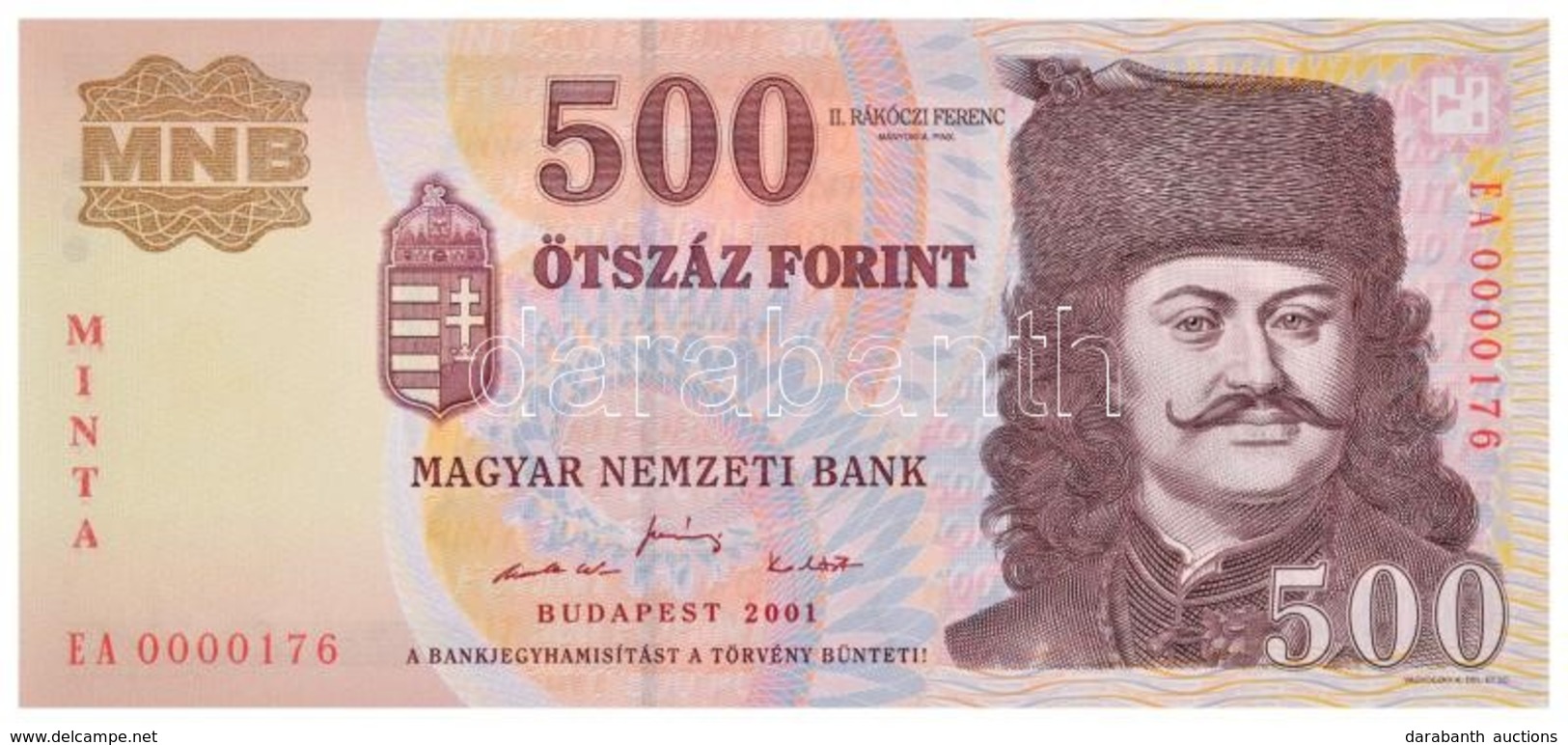 2001. 500Ft 'MINTA' Felülnyomással, 'EA 0000176' Sorszámmal T:I / Hungary 2001. 500 Forint With 'MINTA' Overprint, And ' - Non Classés