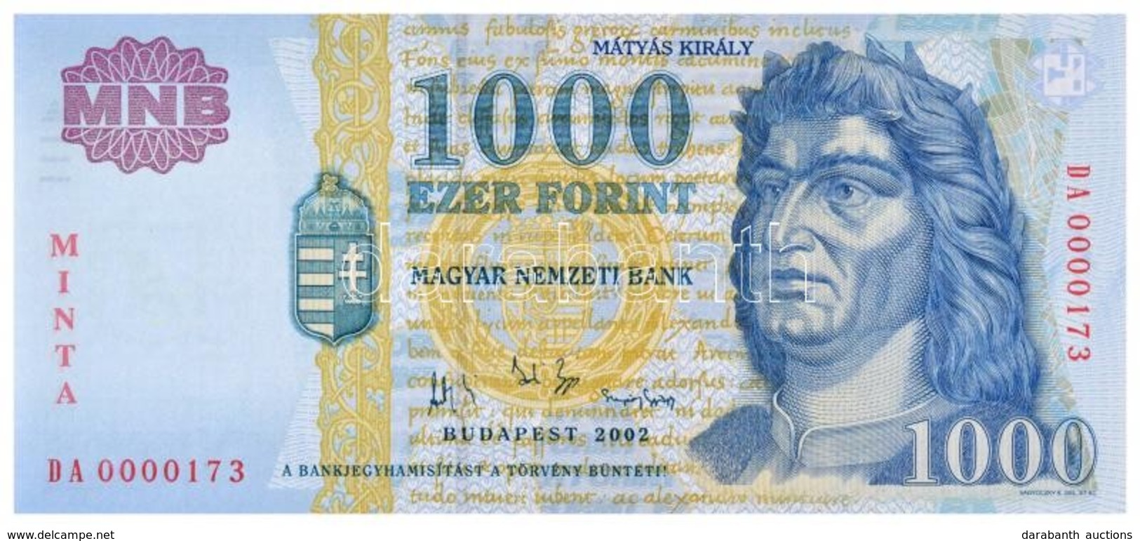 2002. 1000Ft 'MINTA' Felülnyomással 'DA 0000173' T:I / 
Hungary 2002. 1000 Forint With 'MINTA (SPECIMEN)' Overprint 'DA  - Non Classés