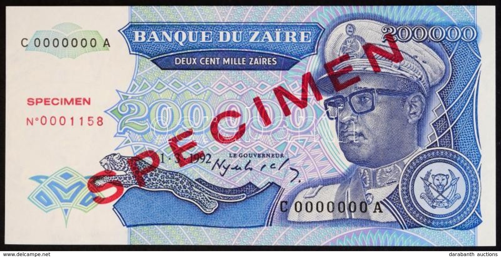 Zaire 1992. 20.000Z 'MINTA' Felülbélyegzéssel 'C0000000A' T:I / 
Zaire 1992. 20.000 Zaires With 'SPECIMEN' Overprint 'C0 - Non Classés