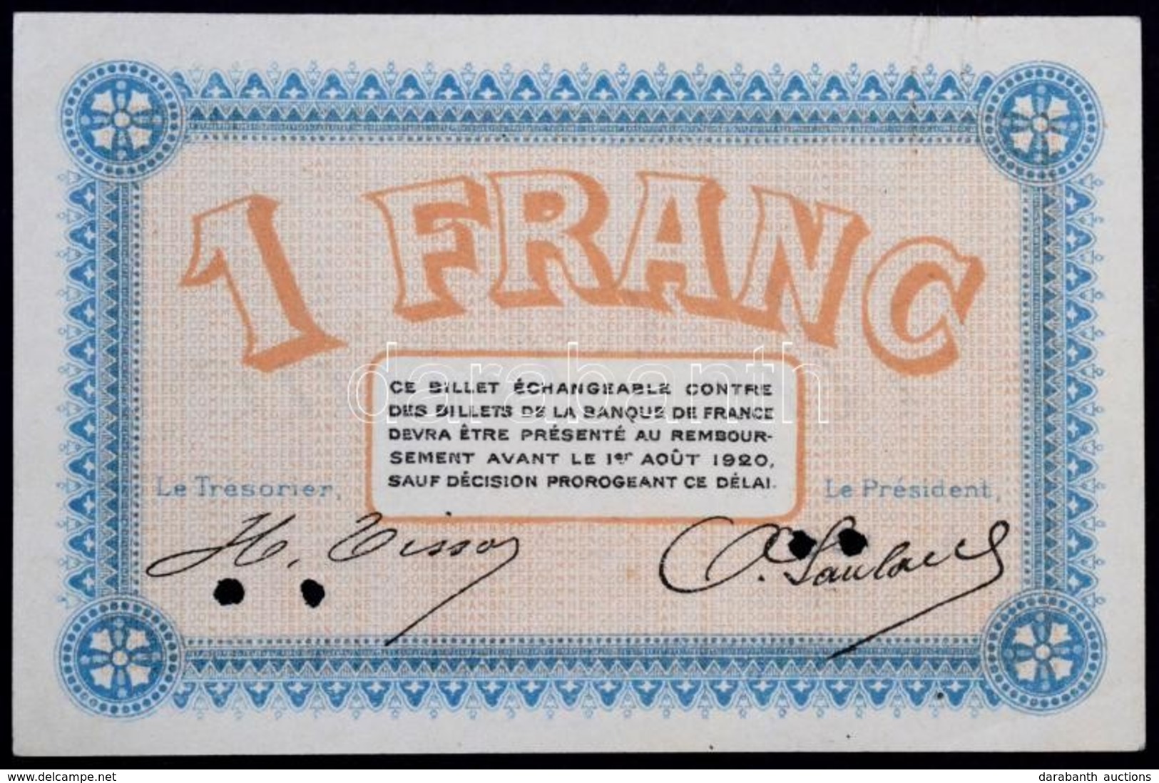 Franciaország / Besançon 1920. 1Fr Lyukasztással érvénytelenítve T:II / France / Besançon 1920. 1 Franc Cancelled With H - Non Classés