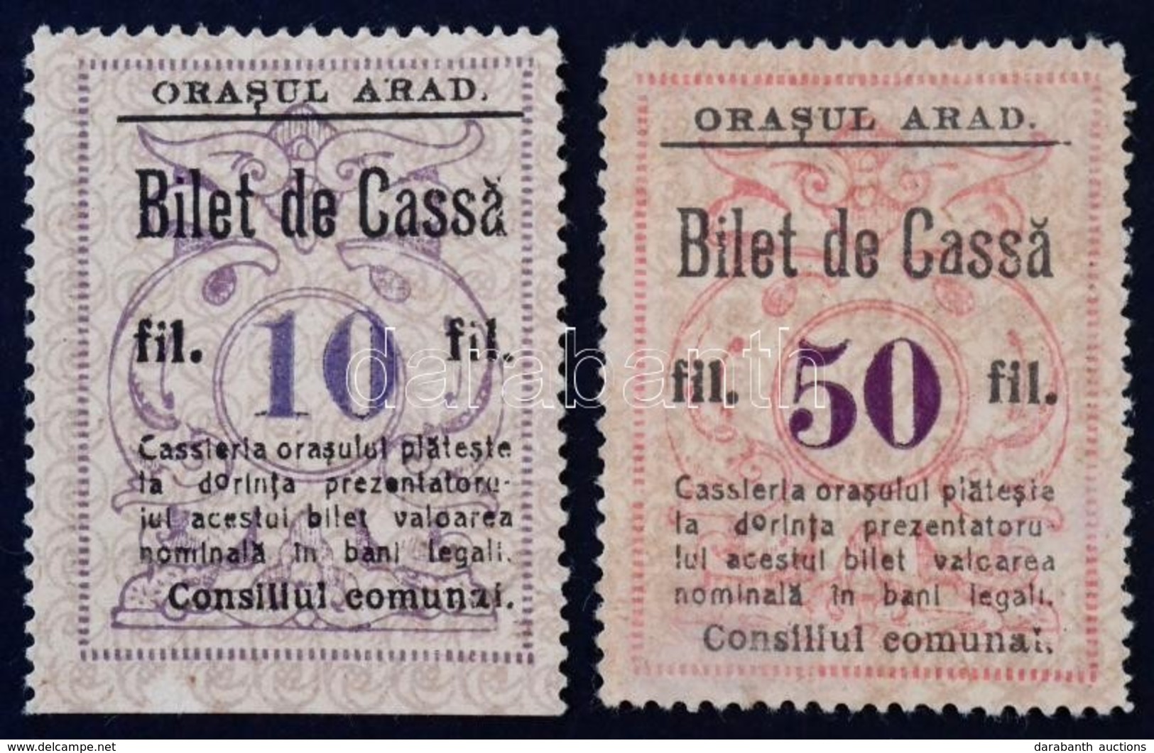 Románia / Arad 1920. 10f 'Orasul Arad - Bilet De Cassa' + 50f 'Orasul Arad - Bilet De Cassa' T:I- Ragasztónyom /  Romani - Zonder Classificatie