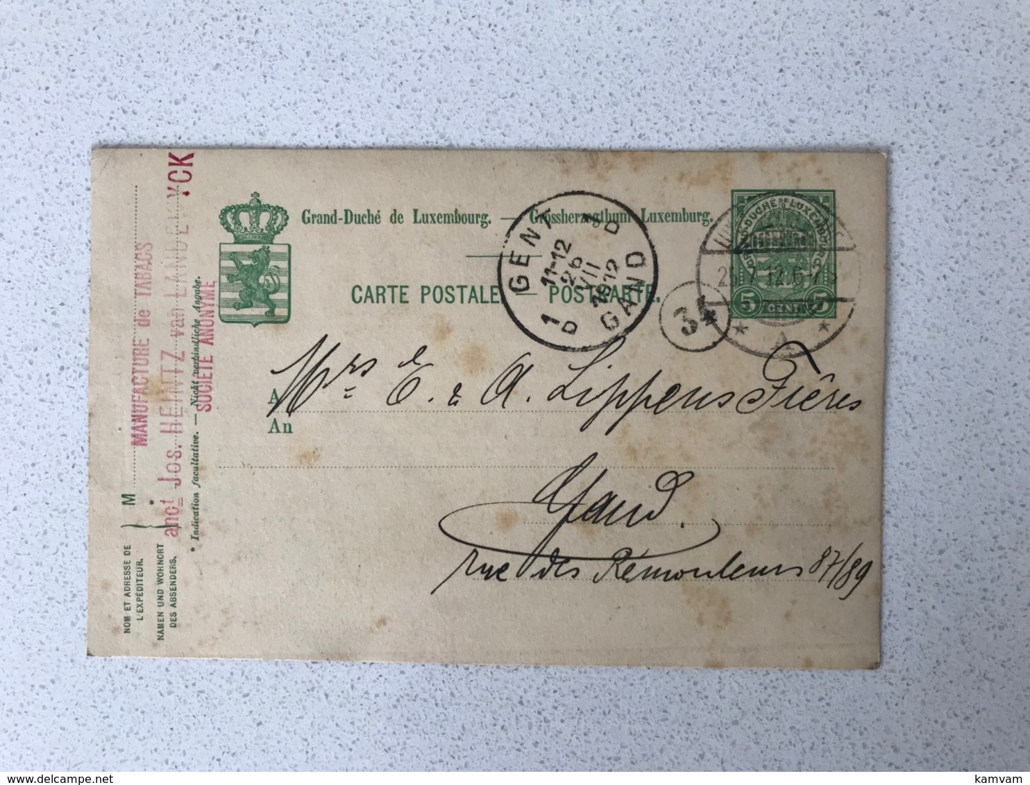 LUXEMBOURG Carte Postale 25.7.1912 -> GENT - 1907-24 Wapenschild