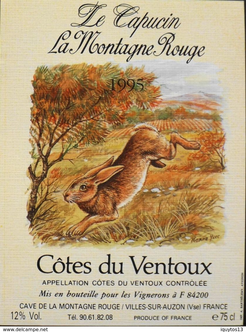 ETIQUETTE De VIN - " CÔTES Du VENTOUX 1995 " - Le CAPUCIN - La Montagne Rouge 12° - 75cl - Parfait Etat - Konijnen