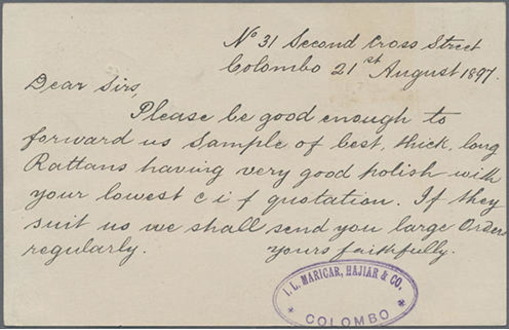 1897, 5 Cents Blau, Bedarfs-GA-Karte Von Colombo Mit Transit-Stempel Penang To Singapure Nach Singapure Gelaufen - Ceylon (...-1947)