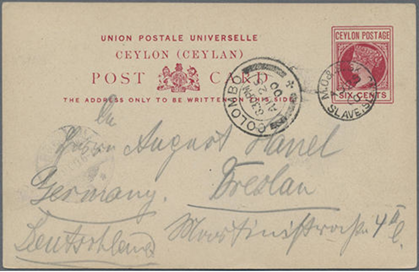 1900, 6 Cents Rot, Bedarfs-GA-Karte Von Colombo Mit Stempel M.O.&..../Slave..." Nach Dresden Gelaufen" - Ceylon (...-1947)