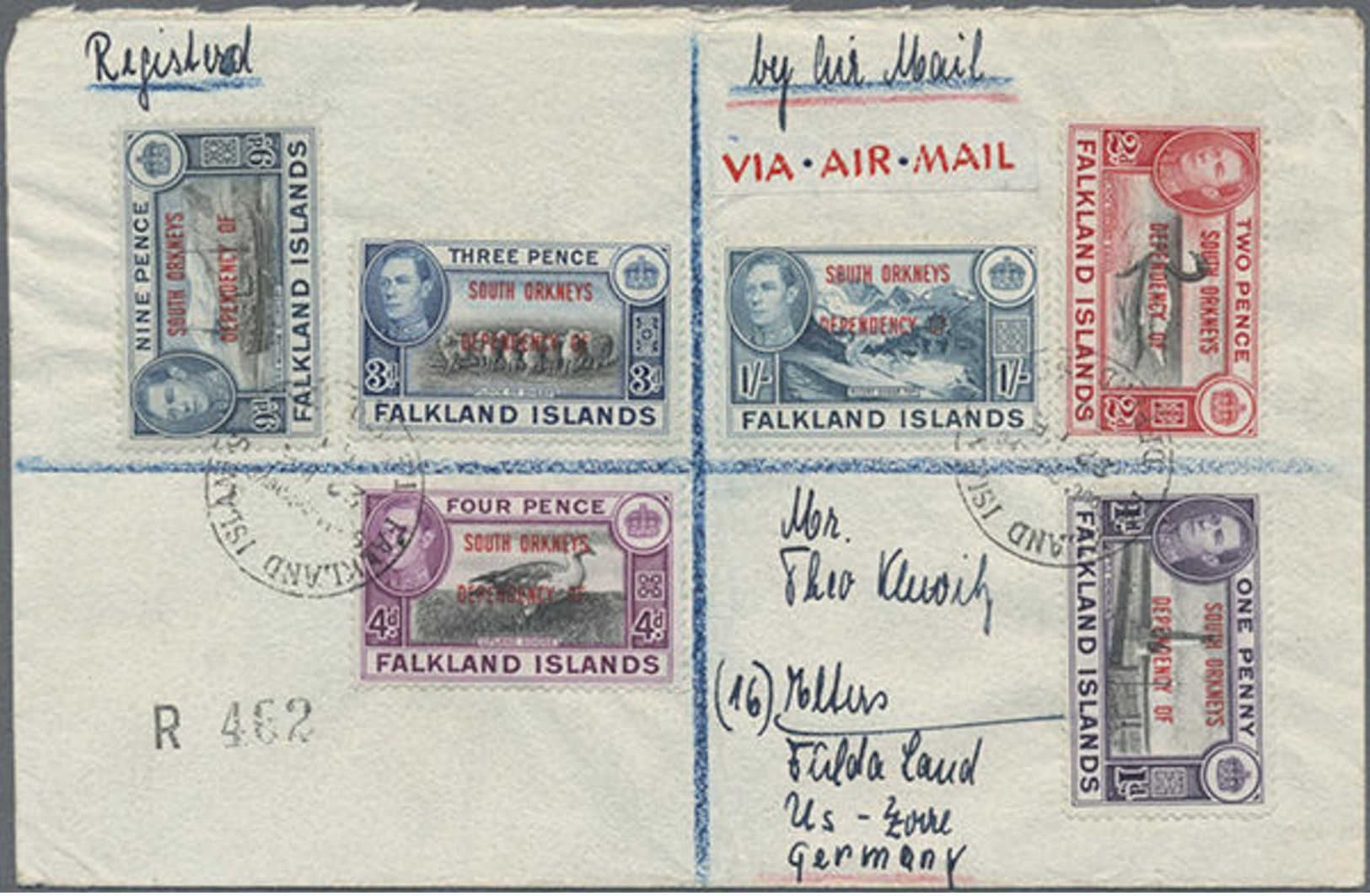 1950,2,3,4,6,9 P U. 1 Sh. Freimarken Landesmotive Mit Aufdruck South Orkneys... Auf R-LP-Brief Nach Deutschland - Falkland Islands