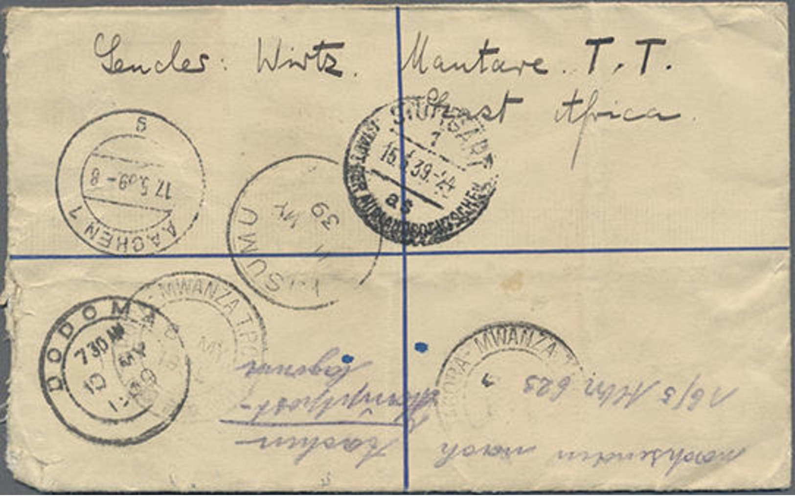 1939, 30 C. König Georg VI. Als ZuF Auf 30 C. Reg.-Letter-GA-Umschlag Von Mantare Mit Zahlreichen Durchgangsstempeln Nac - Africa (Other)